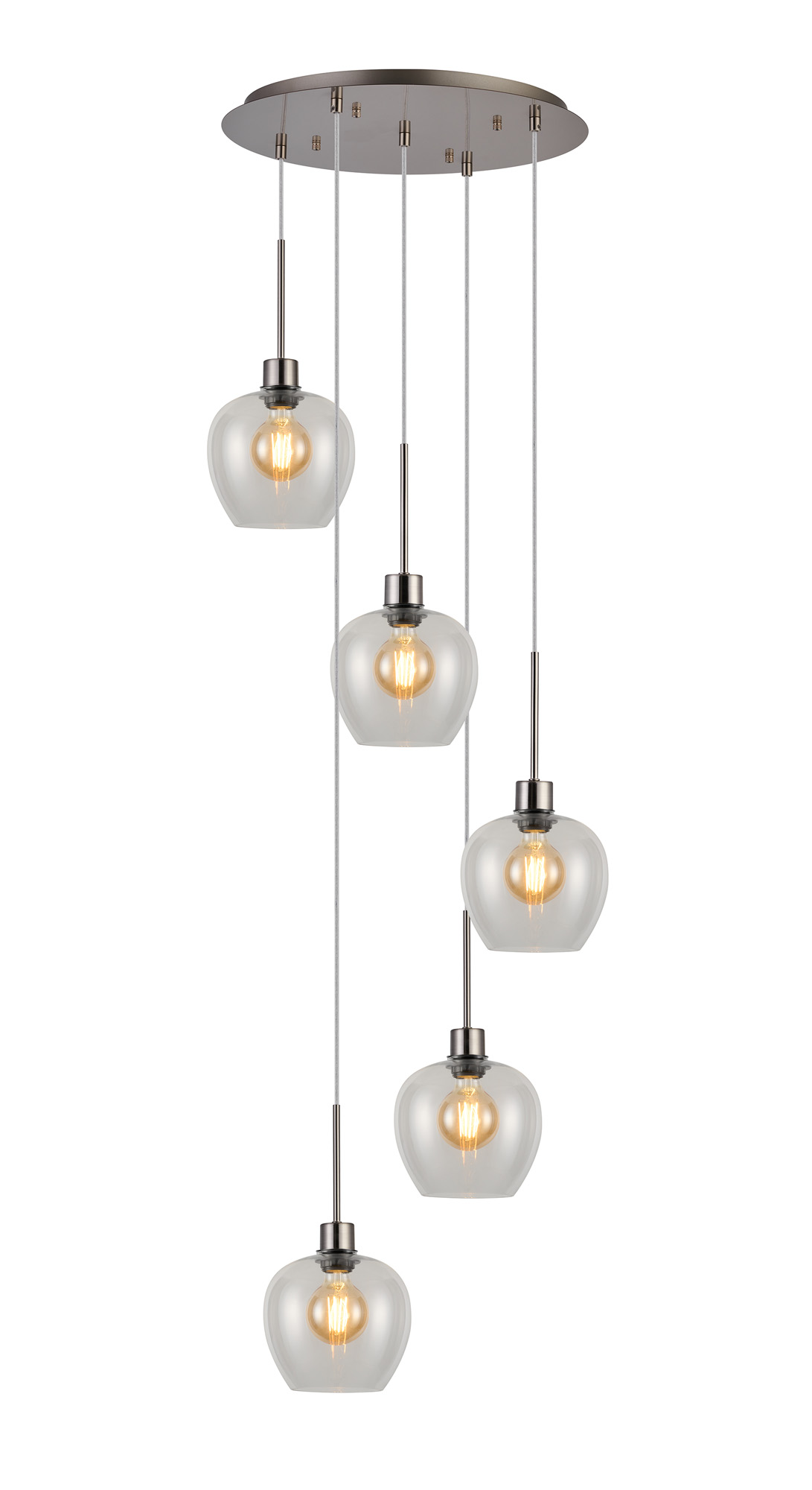 DK1385  Lori 45cm Round Pendant, 5 Light Adjustable E27, Satin Nickel/Clear Wine Shades